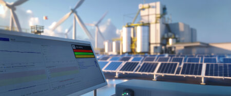 Renewable energy data analysis on digital monitor at solar and wind power plant. Sustainable development and green technology concept. Digitalization of energy sector with copy space. Design for educational, eco-friendly technology.