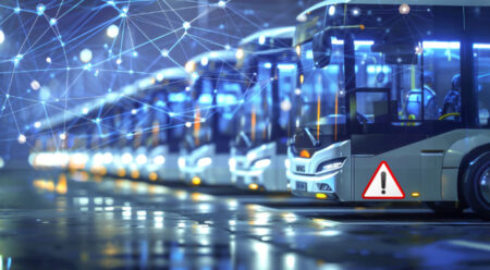 Fleet of electric buses with digital network overlay and battery warning icons, representing early anomaly detection through monitoring systems.