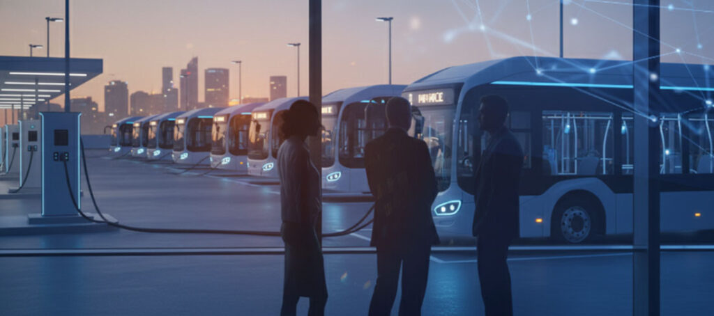 Electric buses charging at a depot at dusk, viewed through a glass wall with three professionals discussing fleet operations and digital connections symbolizing data-driven battery management.