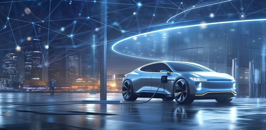 A modern concept of an electric car at an electric filling station.