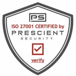 Logo with text: ISO 27001 certified by Prescient Security
