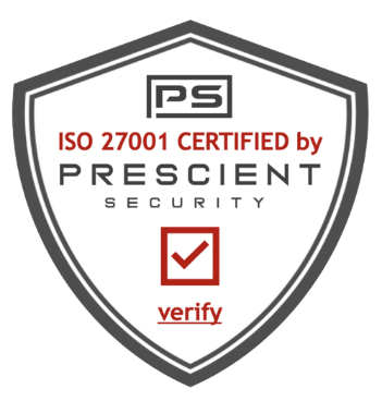 Logo with text: ISO 27001 certified by Prescient Security