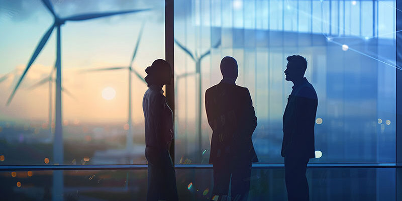 Investors and technician who are out of focus in the foreground, wind turbines in the background