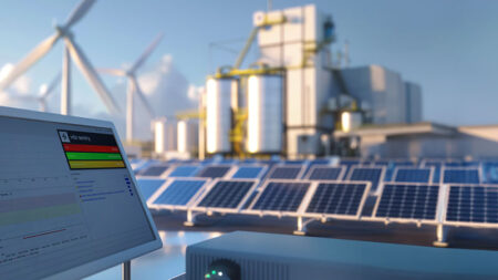 Renewable energy data analysis on digital monitor at solar and wind power plant. Sustainable development and green technology concept. Digitalization of energy sector with copy space. Design for educational, eco-friendly technology.