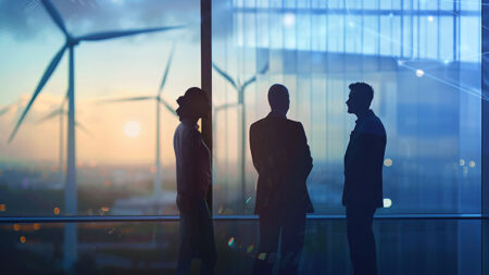 Investors and technician who are out of focus in the foreground, wind turbines in the background