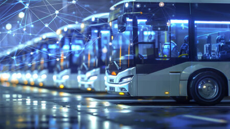 Electric buses in urban transit, promoting clean public transportation in a modern city, buses lined up at a bus station ,hyper realistic, low noise, low texture