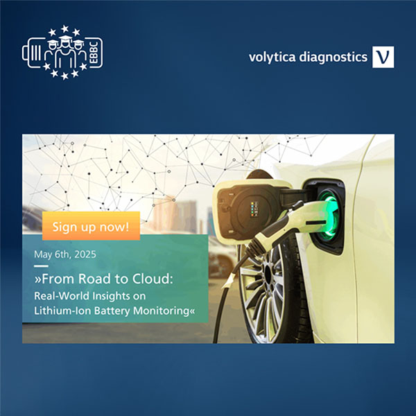 A charging e-car with the text "From Road to Cloud: Real-World Insights on Lithium-Ion Battery monitoring"