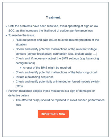 volytica diagnostics alert example showing recommended treatment steps, including sensor checks, BMS reset, and cell replacement suggestions