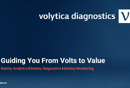 Text on a dark blue background saying "Guiding you from volts to value: Battery Analytics, Battery Diagnostics, Battery Monitoring"